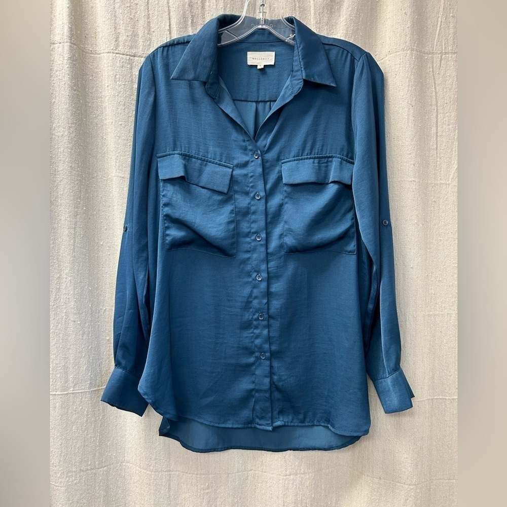 Melloday womens shirt blouse size S blue satin tunic button down top